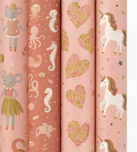 Cadeaupapier - FairyTales - (4 STUKS) – 200×70 cm – Eenhoorns, Zeedieren, Ballerina & Bloemenharten - Inpakpapier - Meisjes - Fantasie - Sprookjes Cadeaupapier