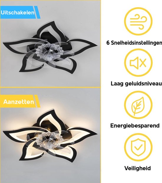 Wildcat plafondventilator met verlichting, stille moderne LED met afstandsbediening Timer ventilator plafondlamp ventilatorlicht voor woonkamer slaapkamer eetkamer (zwart, 50CM