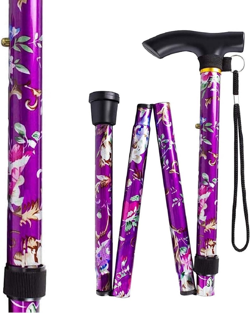 Allecto Plus - Opvouwbare wandelstok voor dames | In hoogte verstelbaar | Draagbare wandelstokken | Opvouwbaar 4 secties | Aluminiumlegering | Wandelen kamperen trekking | Lila print.