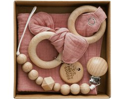 Baby Geschenkset - 3-delige set - Kraamcadeau - babyshower- gender reveal - Unisex baby cadeau - kraamvisite- jongen - meisje - giftset - bijtring - doorkomende tandjes - speenkoord - speenketting - knuffeldoekje - Roze