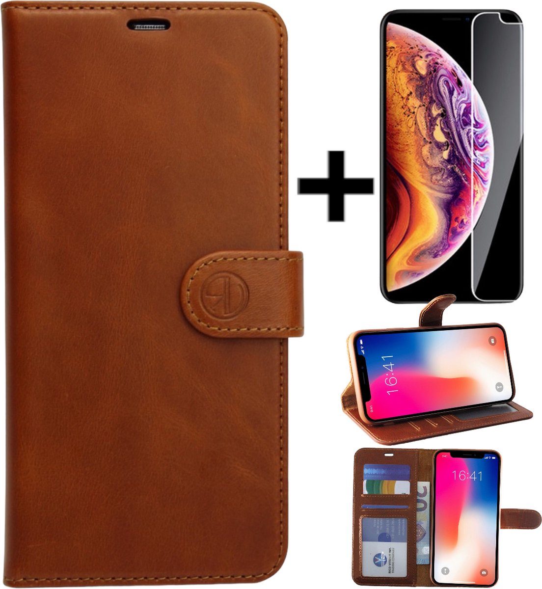 Rico Vitello Leren BookCase iphone 12 pro max/ leren hoesje Geschikt voor Apple iPhone 12 Pro max + gratis screen protector kleur Lichtbruin