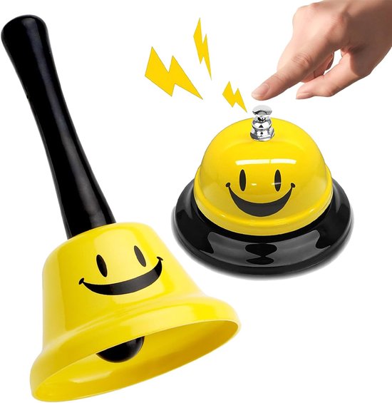 Gele bel met lachend gezicht en een handbel met steel.