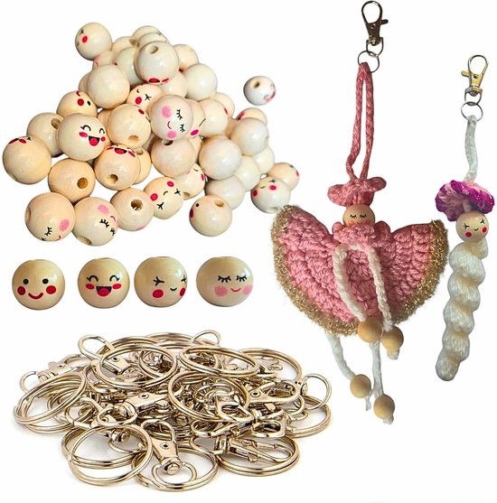 DIY Knutselset – 40 Houten Kralen met Gezichtjes (20 mm) + 40 Sleutelhangers + 10m Jute Touw – Complete Set voor Gelukspoppetjes, Sieraden & Decoratie