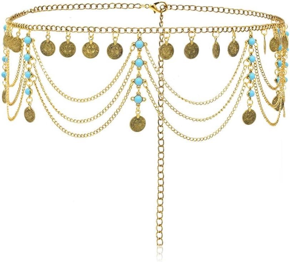 Allecto Plus - Turquoise lichaamsketting met munt - etnische stijl - modeaccessoire - gouden tailleketting met meerdere lagen