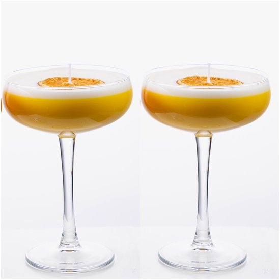 Foto: Yes we candle cocktail kaars cocktail kaarsen set 2 kaarsen pornstar martini kaars geel poma cadeau gift relatiegeschenk handgemaakt soja was