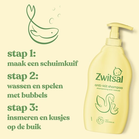 Crèmekleurige fles Zwitsal anti-klit shampoo met afbeelding van een zwaan met kuiken. Instructies voor gebruik met vis-icoon.