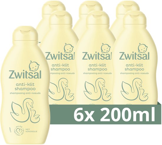 6 flessen Zwitsal anti-klit shampoo, 200 ml per stuk, met zwaan en kuikenprint.