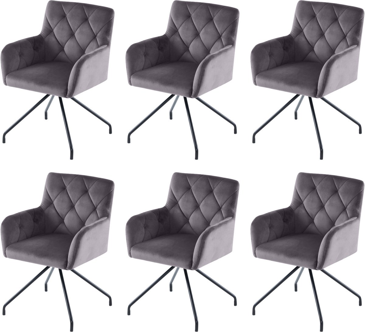 Set van 6 Diamanten Eetkamerstoelen - Gestoffeerde Armstoel - Moderne Loungestoel - Woonkamerstoel voor Slaapkamer - Lendensteun - Donkergrijs