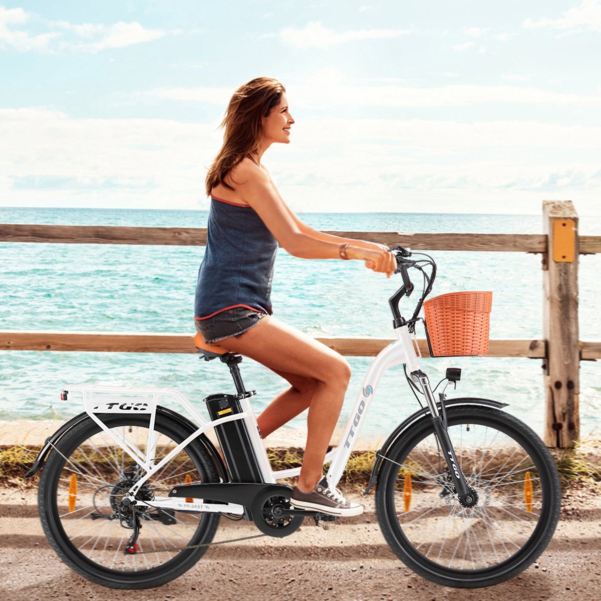 Elektrische Fiets TTGO YY-26ST Wit- 522Wh/15Ah Accu - 75 km Bereik - 250W Motor - Instap Frame - 26 Inch Wielen -Verende voorvork- Shimano 6 Versnellingen - LCD Display - Stadsfiets voor Dames en Heren thumbnail 6