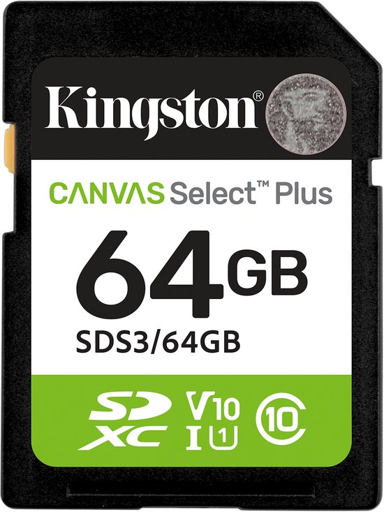 Kingston 64GB Canvas Select Plus SDXC-kaart met groene band en 'SDXC V10 U1' aanduiding.