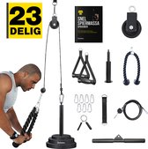 Zoluko Home Fitness Kabelsysteem 23-delige set - Incl. E-book - Krachtstation voor Thuis Sporten - Incl. Triceps Touw, Biceps Stang en Handgrepen - 100kg Draagkracht - Eenvoudige Bevestiging - Krachttraining - Lat Pulley - Home Gym - Zwart/Zilver