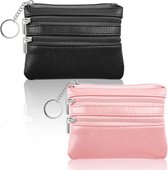 Simarro 2 Stks Lychee Patroon Portemonnee, PU Rits Draagbare Mini Verandering Coin Pocket Voor Vrouwen Credit Card ID Sleutel Headset Lippenstift Organizer, Zwart Lichtbruin