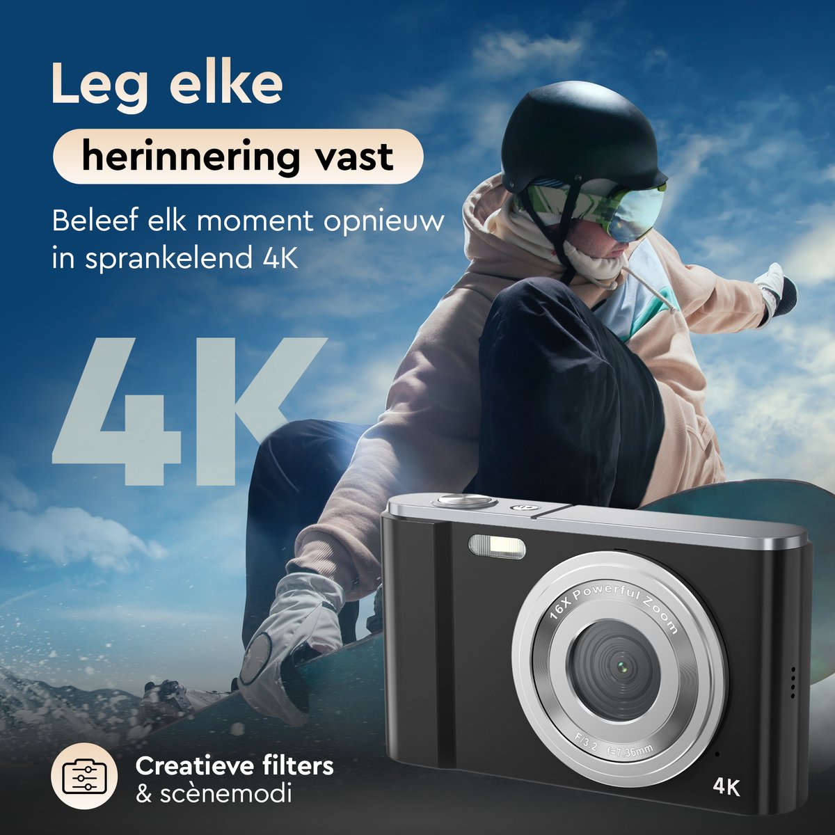 K&L Digitale Camera 4K - 64MP - Fototoestel - Compact Camera - Vlog Camera - Voor Kinderen - Inclusief 64GB - NL Software – foto 4