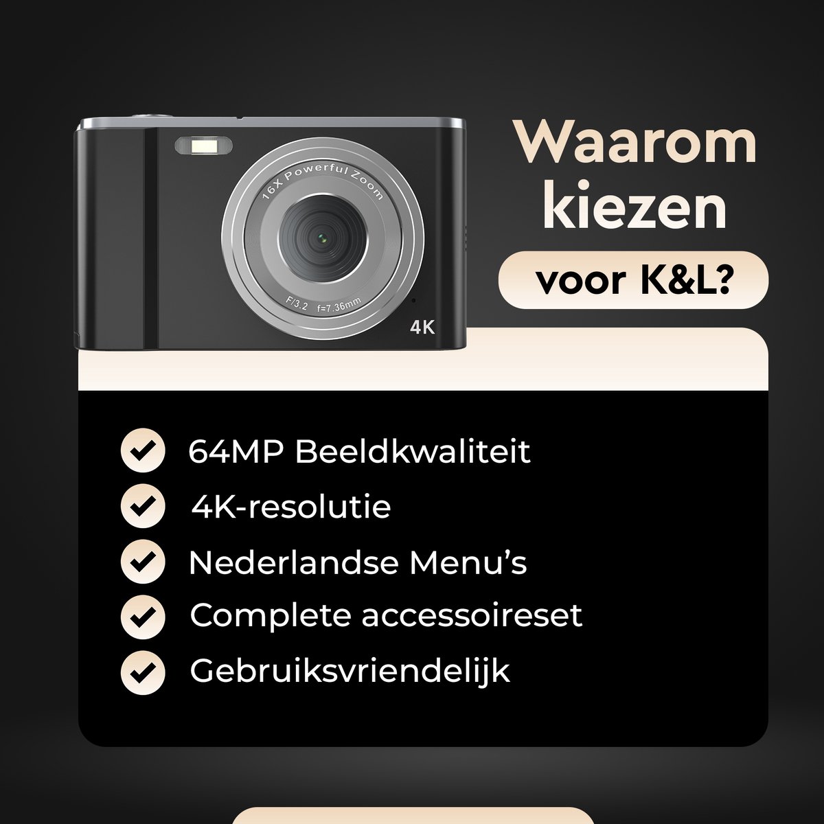 K&L Digitale Camera 4K - 64MP - Fototoestel - Compact Camera - Vlog Camera - Voor Kinderen - Inclusief 64GB - NL Software – foto 7