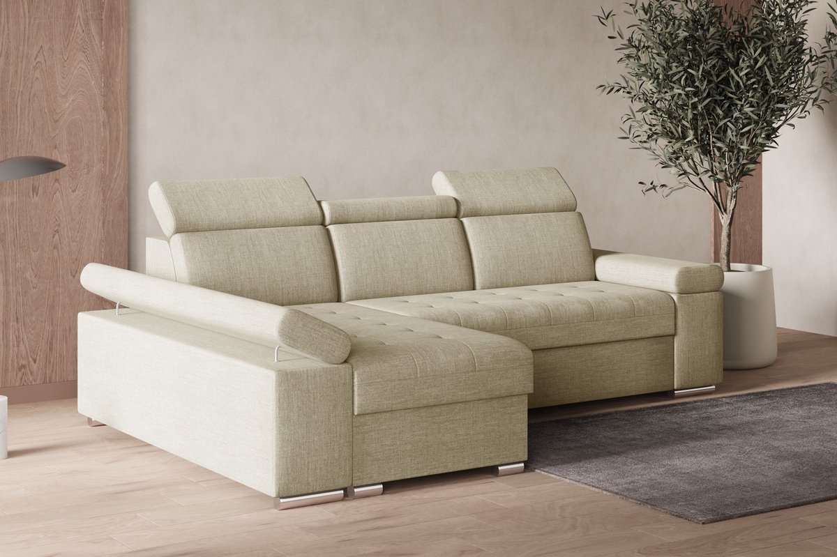 Hoekbank L met slaapfunctie, verstelbare hoofdsteunen & bedlade – Moderne slaapbank met opbergruimte – Hoekbank Luka L – Beige (Twist 01) – Links