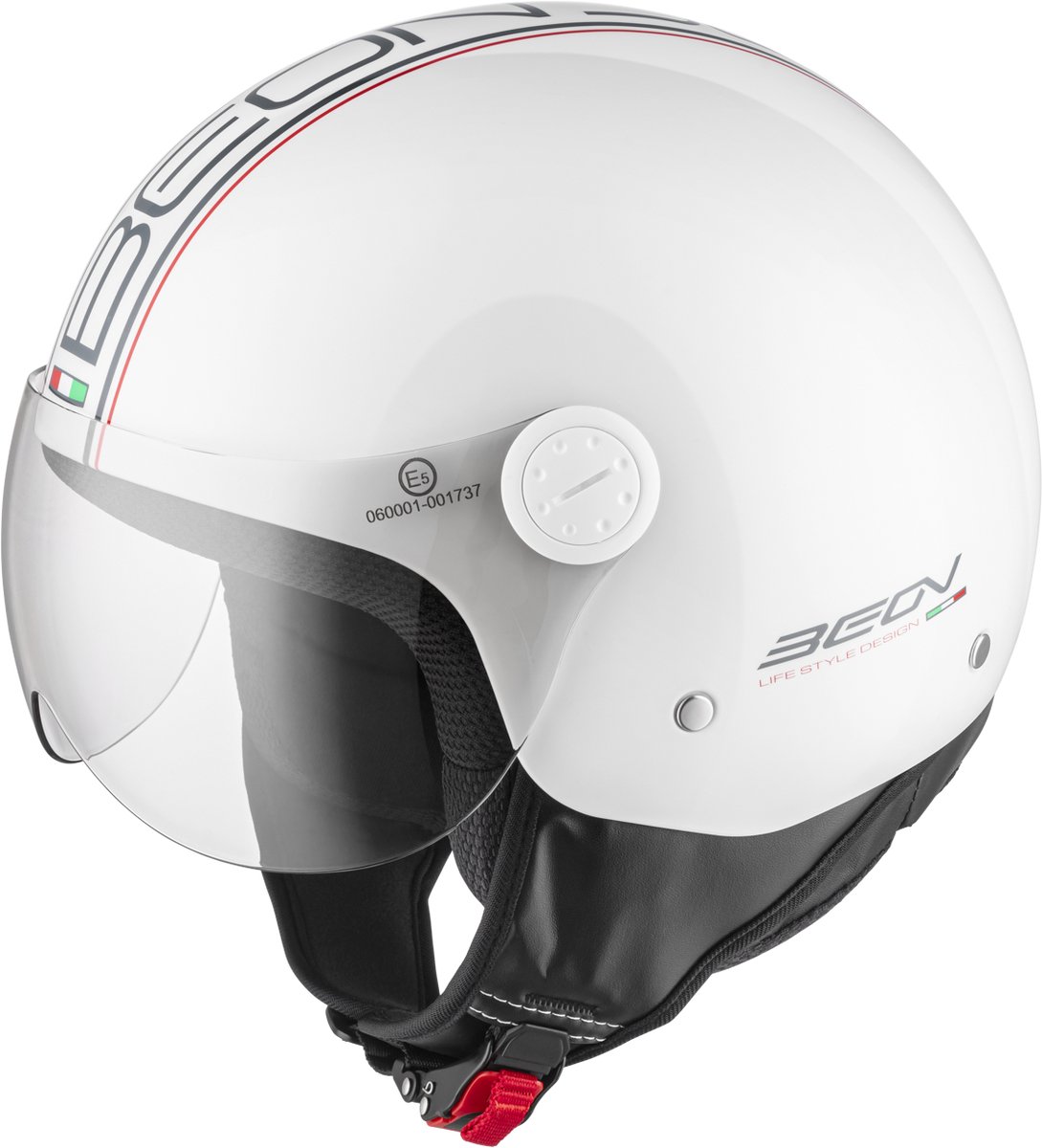BEON Design Wit scooterhelm - Jethelm met vizier - Geschikt als Scooter Brommerhelm Motorhelm Snorfiets helm - Retro Vespa helm scooter voor Volwassenen - L - Glans Wit - Gratis helmtas