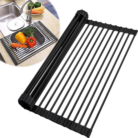 Kitch&Life Égouttoir à Vaisselle enroulable - Zwart Mat - Dessous de Verre - Tapis à Vaisselle
