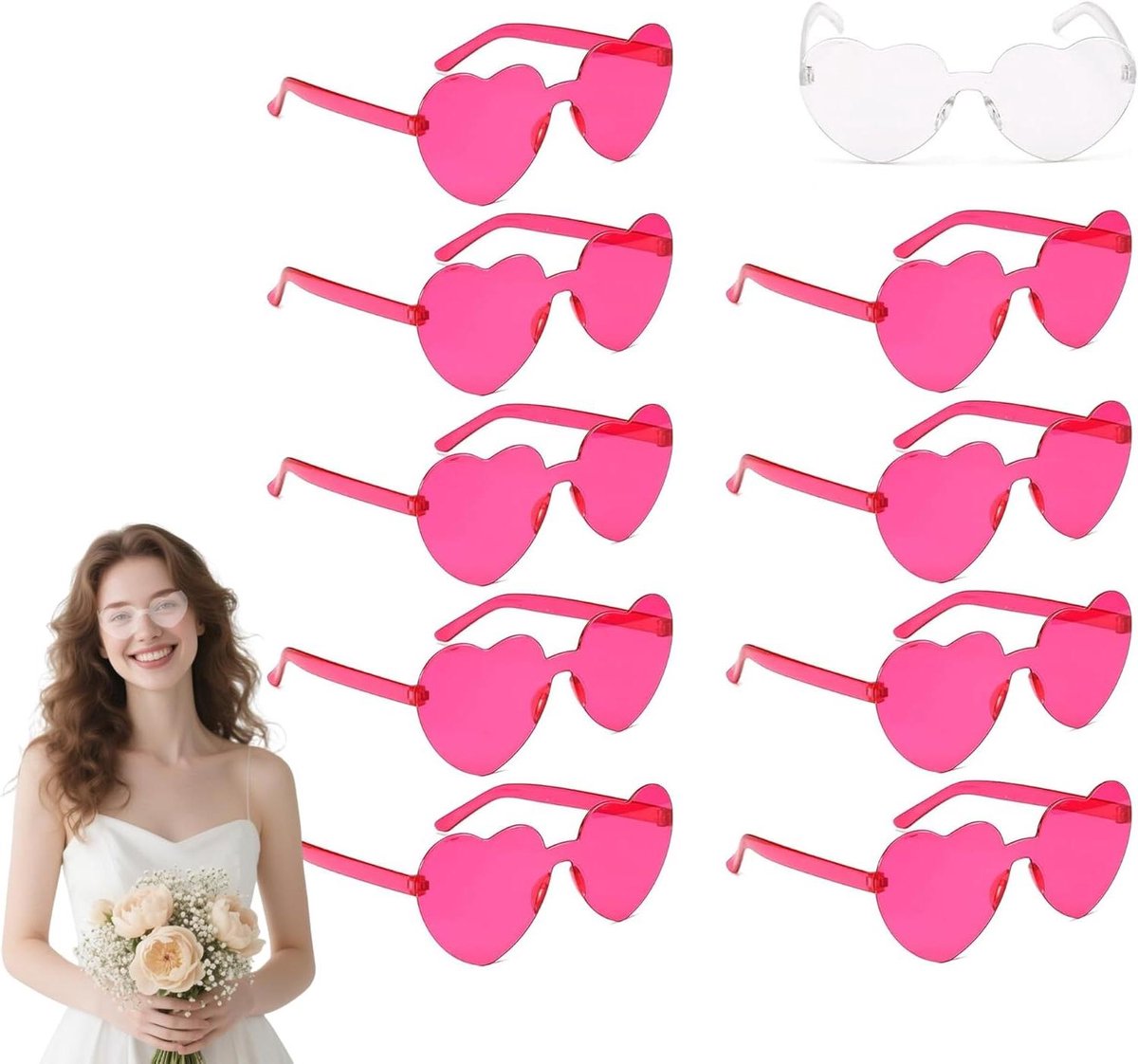 Allecto Plus - Set van 10 spiegelende zonnebrillen zonder frame met harten - Ideaal voor bruiloften en feesten - Roze Kleurthema