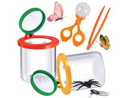 foto van Tweedelige insectenobservatiepot - insectenobservator - insectenloep - hulpmiddel voor wetenschap en natuuronderzoek voor kinderen - met pincet voor het observeren van insecten of bladeren, 7,5 x 6,1 cm (rood, geel)
