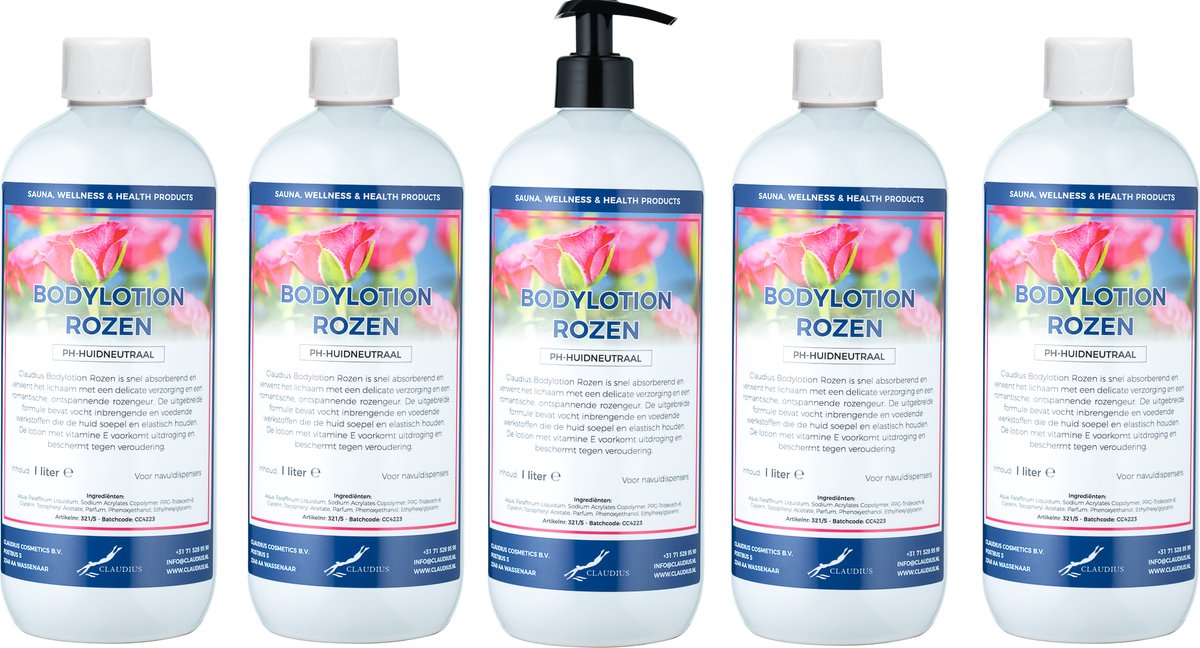 Bodylotion Rozen 1 Liter - met gratis pomp - set van 5 stuks - Voordeelverpakking