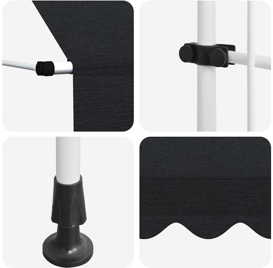 Collage de détails d'un auvent gris: fixation, bras, pied et bordure.