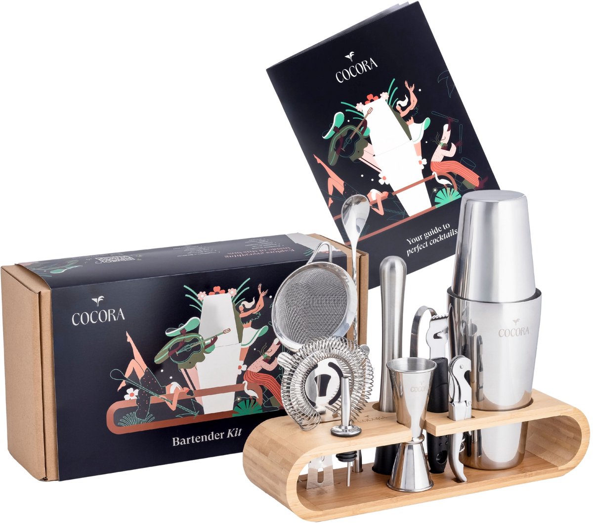 Cocora Cocktail Set - 12-delige RVS Cocktail Set - Boston Cocktail Shaker - Receptenboek incl. mocktails - Zilver