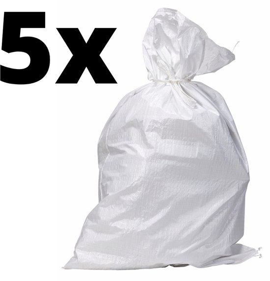 Grote witte puinzak met '5x' tekst ernaast.