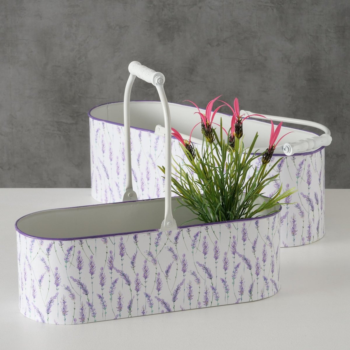 Leuke set van 2 plantenbakken wit metaal met fleurig bloemmotief Lavendel