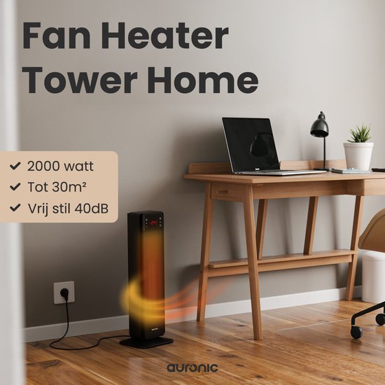 Auronic Elektrische Kachel - 2000W Heater - Keramische Kachel - Tot 30m2 - Roterend - Toren Kachel - Met Afstandsbediening - Zwart