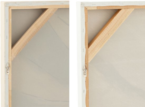 Arrière de deux peintures sur toile avec cadre en bois et suspension.