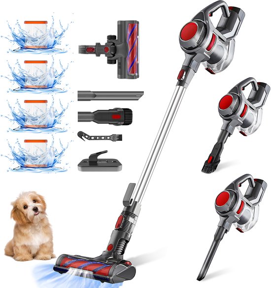 Elekiatech Steelstofzuiger - 360W Steelstofzuiger Draadloos - 2200 mAh Accu - 50 Minuten - 1,3 L Stofbak - voor Tapijten en Harde Vloere-rood