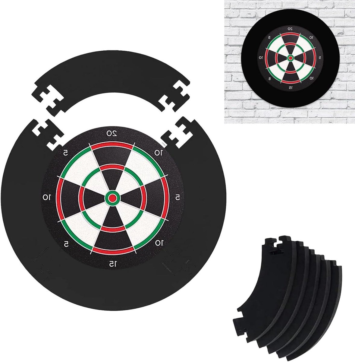 Allecto plus - 5-delige ronde dartbord surround ring in zwart patchwork design met Eva foam voor betere dartbeleving