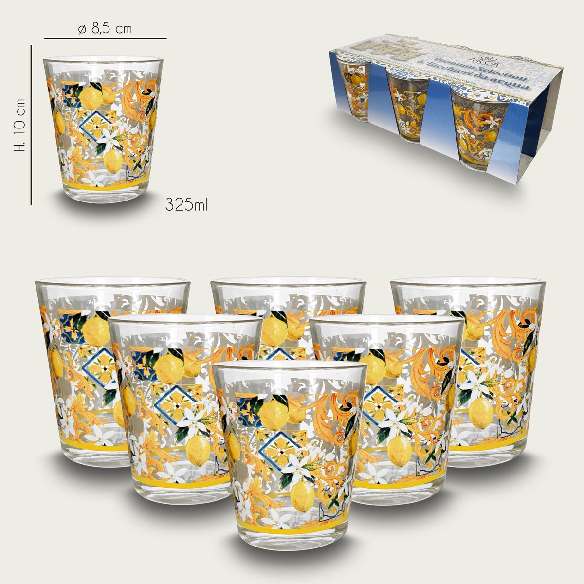 Arca Limoni - glazen drinkglazen 325ml, Set van 6 glazen - vrolijke decoratie - past bij het Limoni (Due) servies