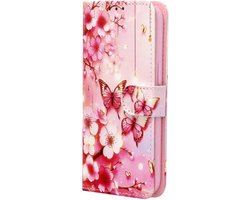 Casemania Hoesje Geschikt voor Apple iPhone 7 / 8 / SE (2020/2022) - Roze Bloemen en Vlinders Print - Portemonnee Bookcase met Pasjeshouder en Standaardfunctie - Wallet case met Ingebouwde Kaarthouders