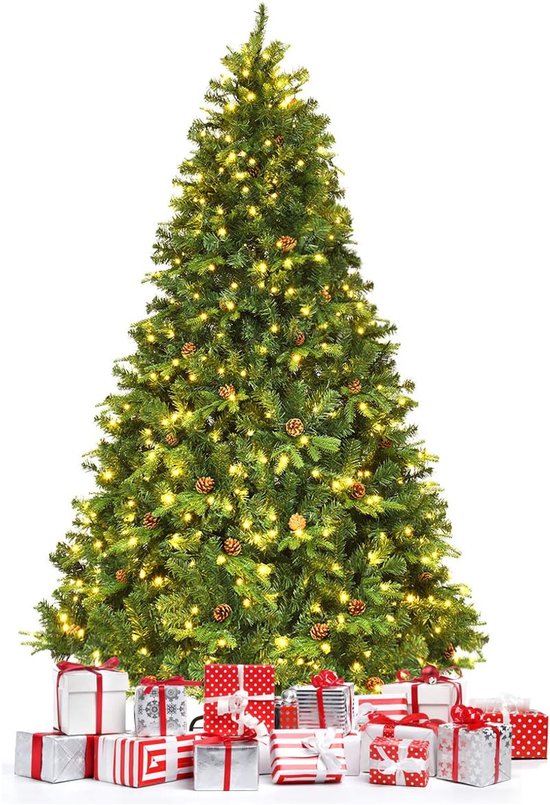 COSTWAY 240 cm kunstkerstboom met verlichting voor hoek van 270 graden, dennenboom met 360 warmwitte ledlampen, kerstboom met scharnierstructuur, kunstboom, Kerstmis voor thuis