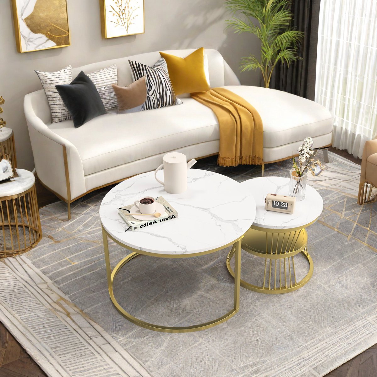 Set van 2 bijzettafels, moderne ronde salontafels met planken en opbergruimte, bijzettafels voor banken, meubels voor de woonkamer, L 70 x 70 x 45,5 cm, S 45 x 45 x 40 cm
