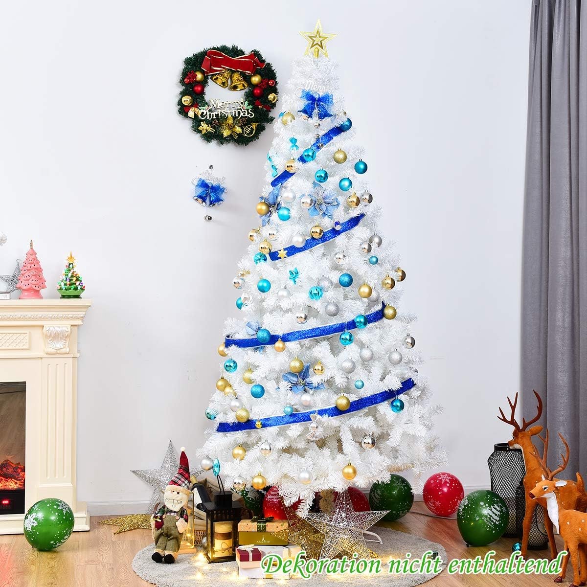 COSTWAY Kunstkerstboom 240 cm - Realistische Kunststof Kerstboom met sneeuw - met metalen standaard - pvc 1138 takken - Wit – foto 8