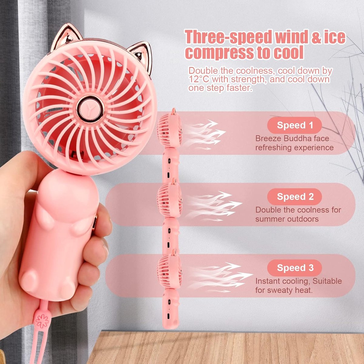 Roze Draagbare USB-Handventilator thumbnail 5