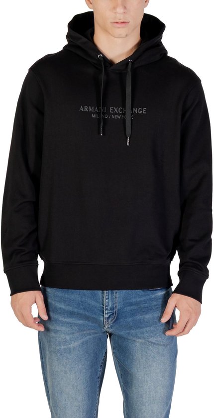 V-Neck Hooded Cotton Sweatshirt with Long Sleeves - Black