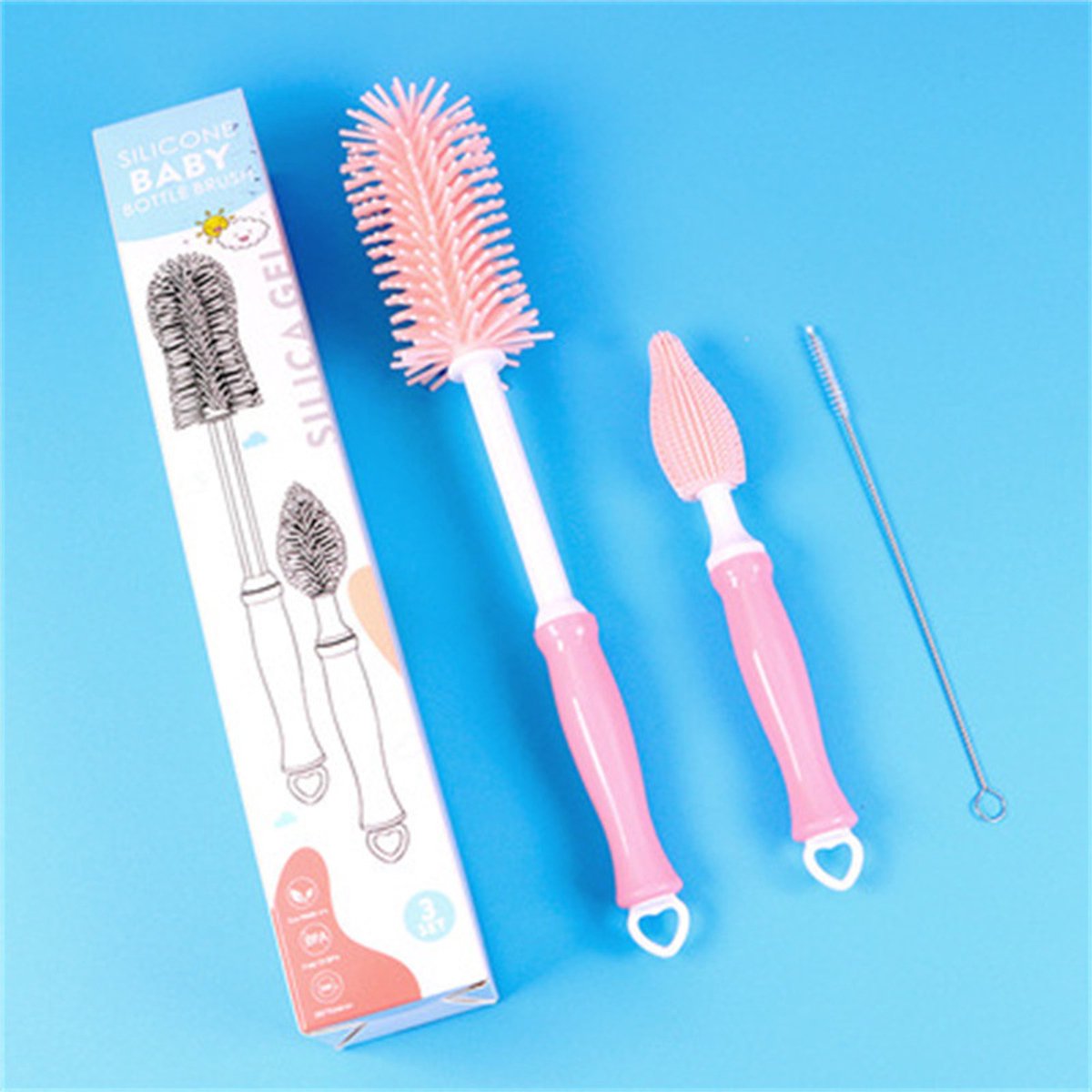 Image of 3-Delig - Flessenborstel Baby - Roze - Siliconen