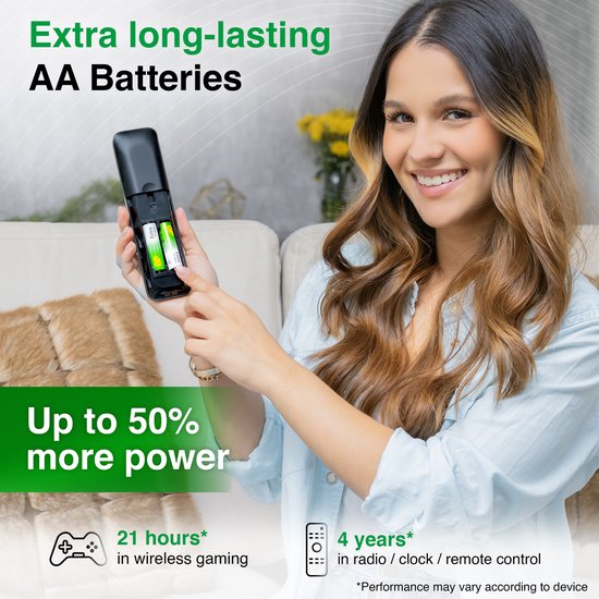 Vrolijke vrouw met een afstandsbediening, naast de tekst "Extra long-lasting AA Batteries" en "Up to 50% more power".