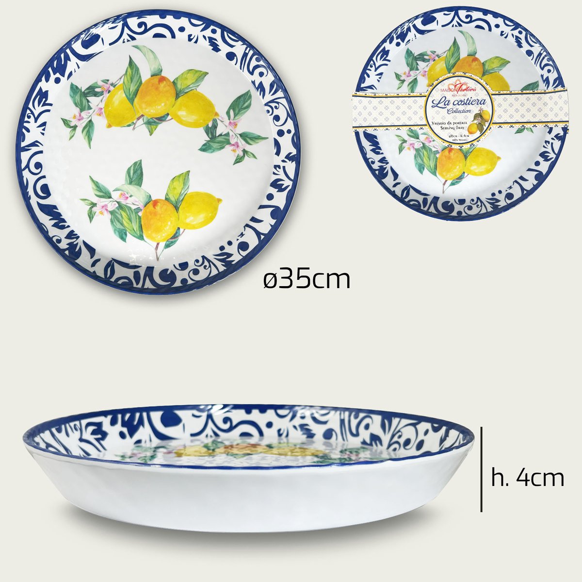 Arca Limoni - Ronde Melamine Serveerschaal met rand Ø35cm – licht in gewicht – makkelijk stapelbaar – voor binnen en buiten