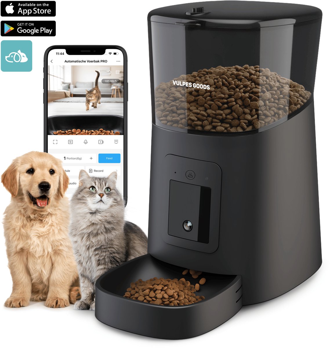 Vulpes Goods® Pets - Automatische Voerbak - Kat en Hond - Voerautomaat met App - Voerdispenser - 6L - Zwart - PRO Versie - Vulpes - €79,95