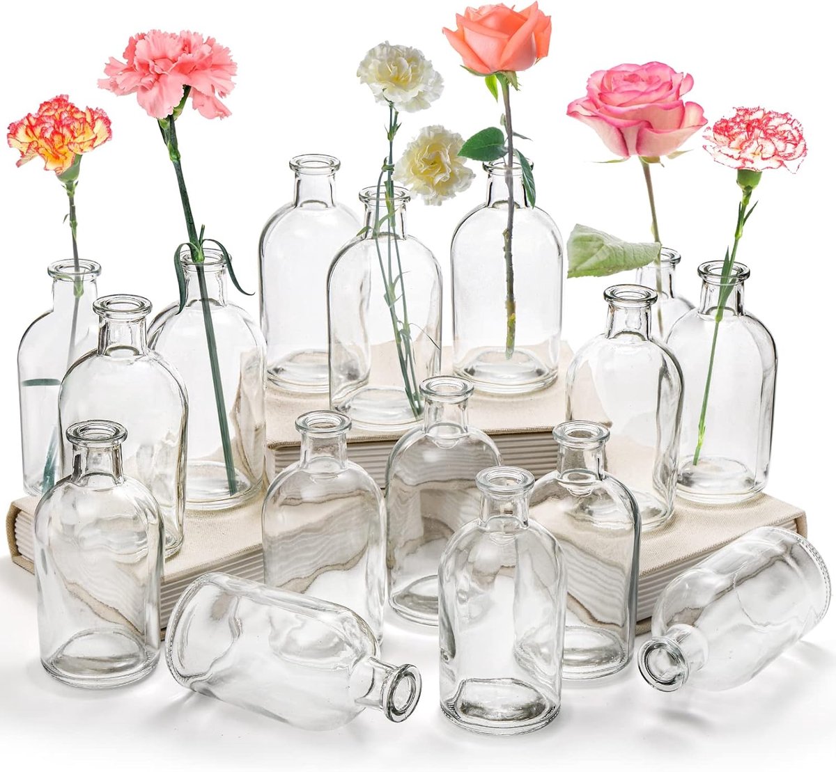 Famanu - 16 Pack Vazen Clear Glass Vaas 8oz Decoratieve Glazen Flessen Kleine Vintage Bloemfles Tafel Middenstuk Decoratie voor Thuis Bruiloft Feest Evenement Kantoor Moderne Decor
