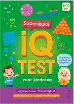 Boek 'Superleuke IQ TEST voor kinderen', met twee kinderen en IQ-test-thema's zoals cijfers en letters.