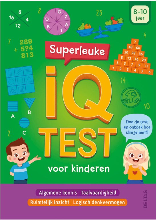 Boek 'Superleuke IQ TEST voor kinderen', met twee kinderen en IQ-test-thema's zoals cijfers en letters.