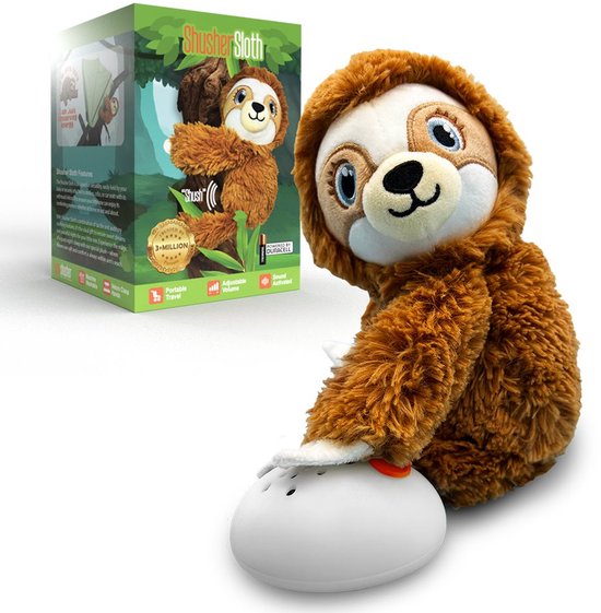 Baby Shusher Sloth - Pluche in de vorm van een luiaard met huilsensor, kalmerend geluid "Shhh" voor baby's en peuters, draagbaar en ideaal voor in de wieg, kinderwagen en op reis