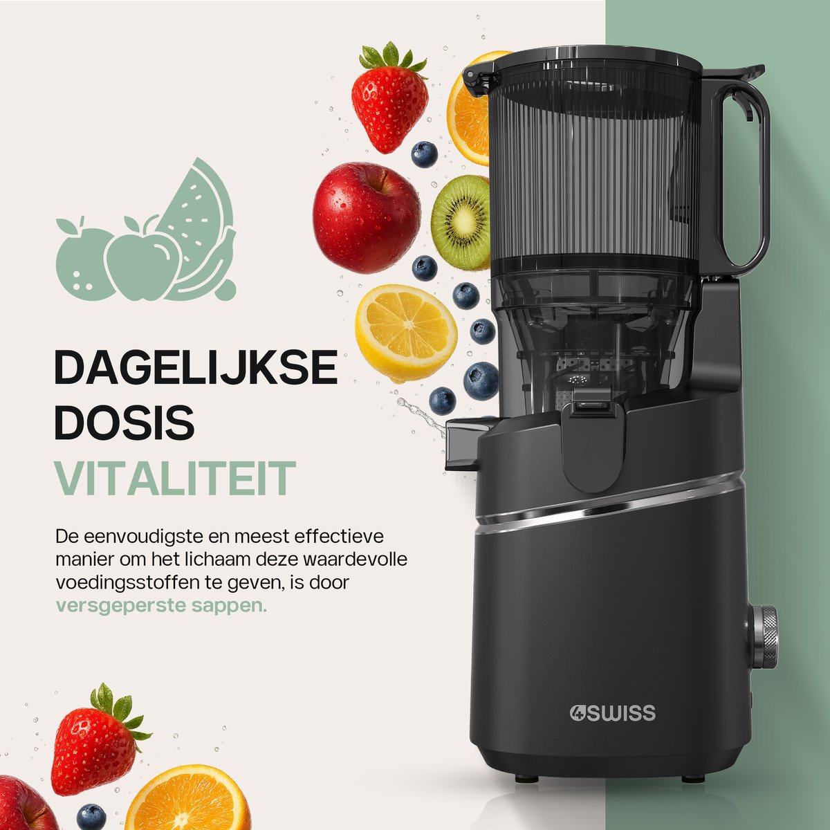 Slow Juicer 4Swiss WB025, 250 W, Reverse-functie, XXL-opening, EasyClean, 37 omw/min, Graphite thumbnail 2