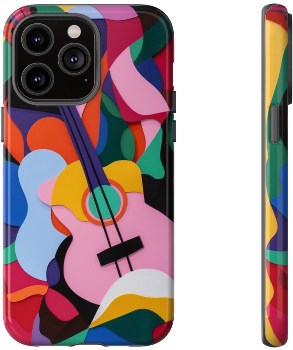 Kleurrijke Abstracte Gitaar – Glanzend Stevig Hoesje Geschikt voor iPhone 14 Pro Max