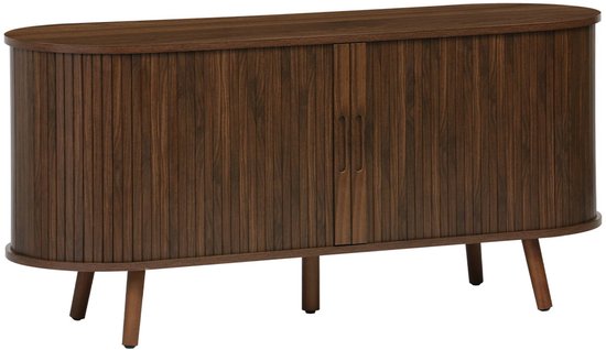 Donkerbruin Scandinavisch tv-meubel met gegroefd houteffect en twee schuifdeuren.